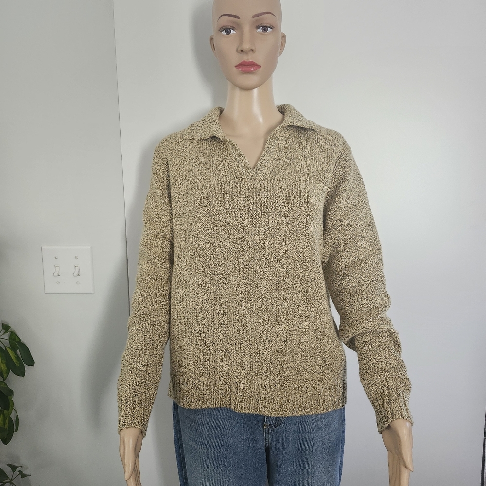 CAROLYN TAYLOR Womens Knit Pullover Polo Sweater Marled Tan Medium Contemporary